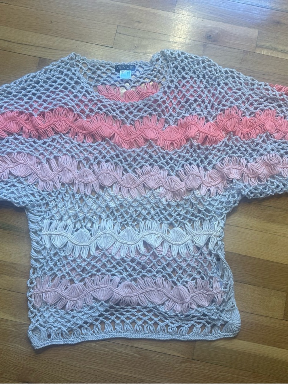 VENUS Crochet Open-Weave Top in Coral, Blush & Cream